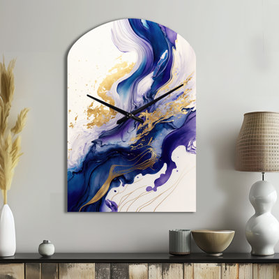 «Blue and Gold Splash Paint IV - Abstract Spirals», horloge murale asymétrique