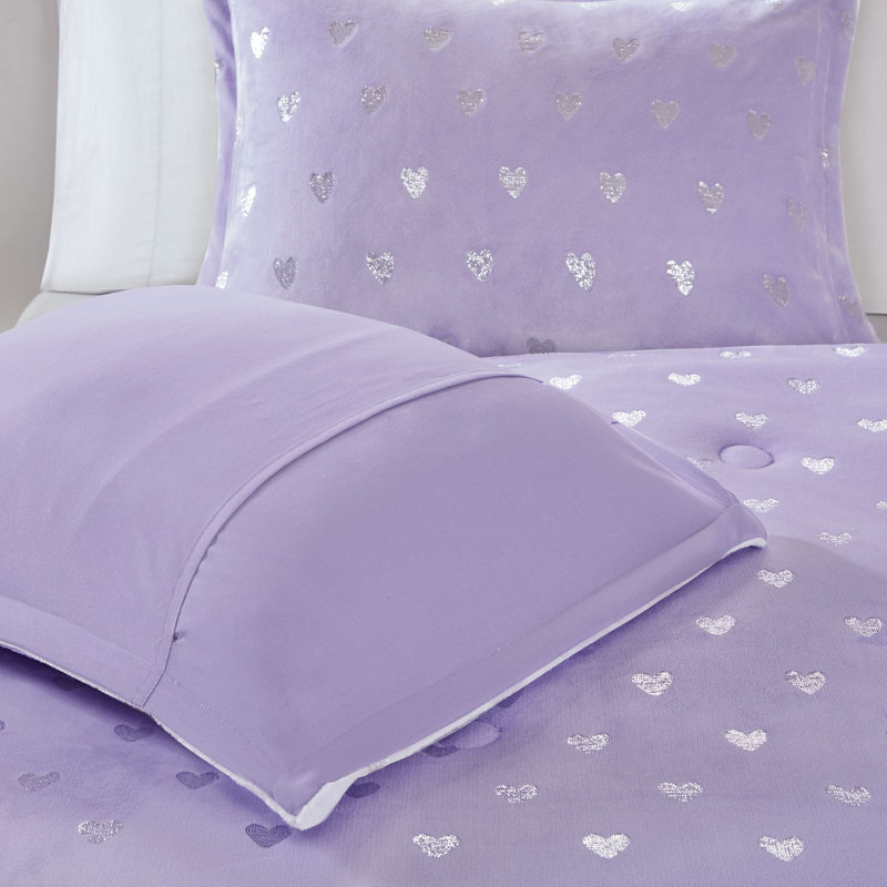 Ensemble d'édredon moelleux à imprimé métallique Rosalie, Mauve / argenté, Édredon simple / simple TG, 1 taie décorative et