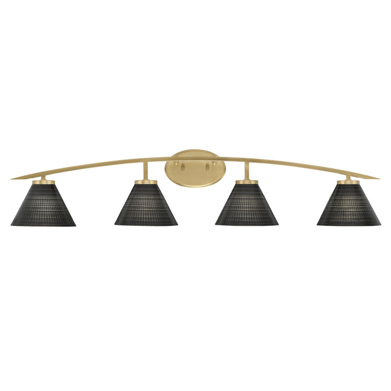 Kurve 4 Light Bath Bar Shown In New Age Brass Finish With 7" Black Matrix Glass