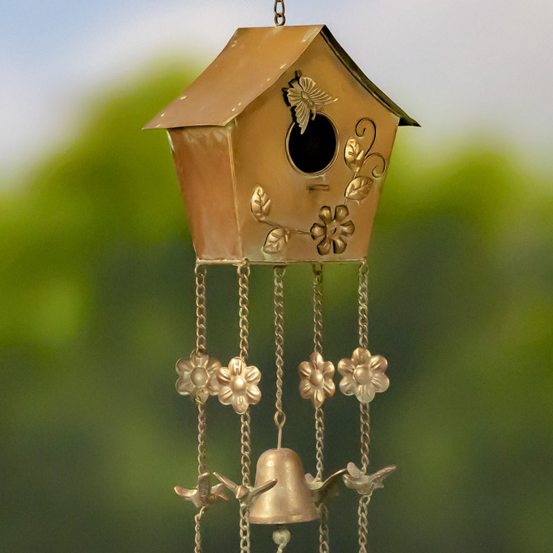 Julio Bronze Metal Birdhouse Wind Chime with Floral Accents