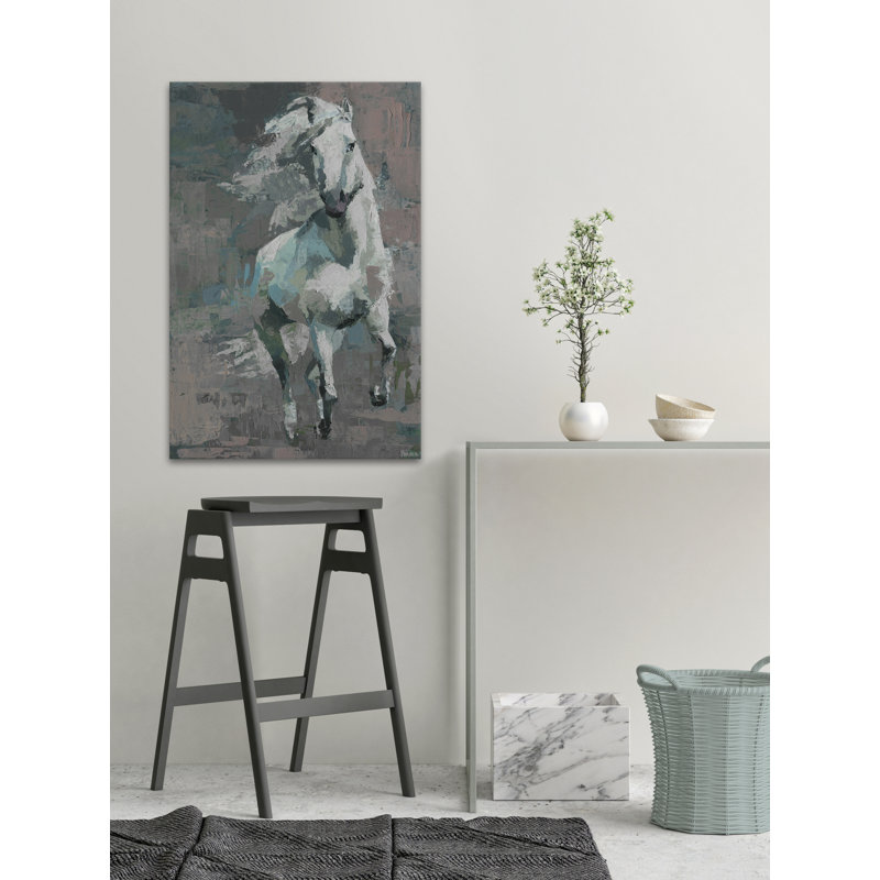 « running white cheval »-peinture sur toile tendue, H 12 po x l 8 po x P 1,5 po
