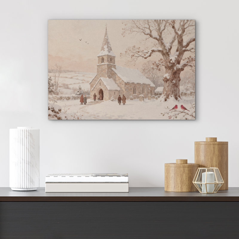 «Vintage Snowy Church Scene with Birds and Chiffres», reproduction d'art sur toile, Toile tendue, Ne s’applique pas