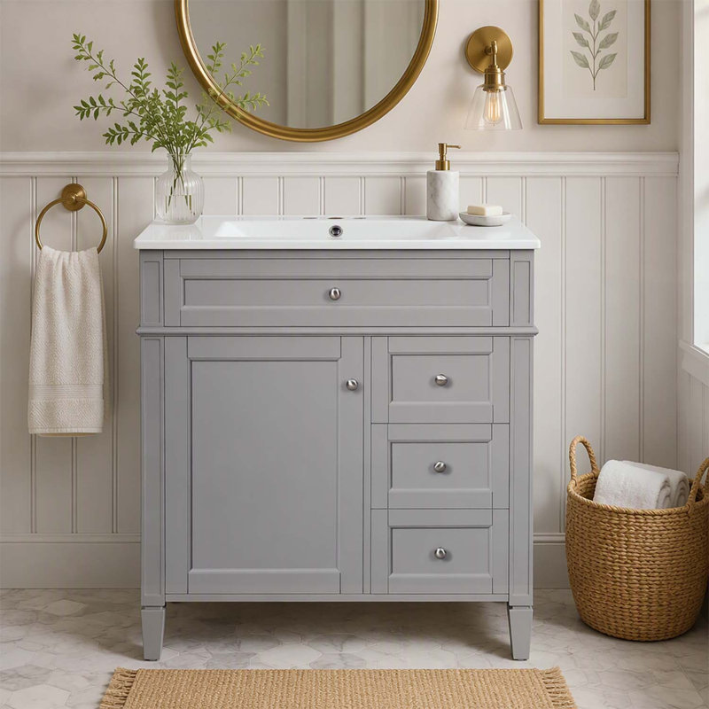 Meuble-lavabo moderne de 76 cm (30 po) avec lavabo supérieur, grand espace de rangement et design élégant pour une utilisation efficace de l'espace.