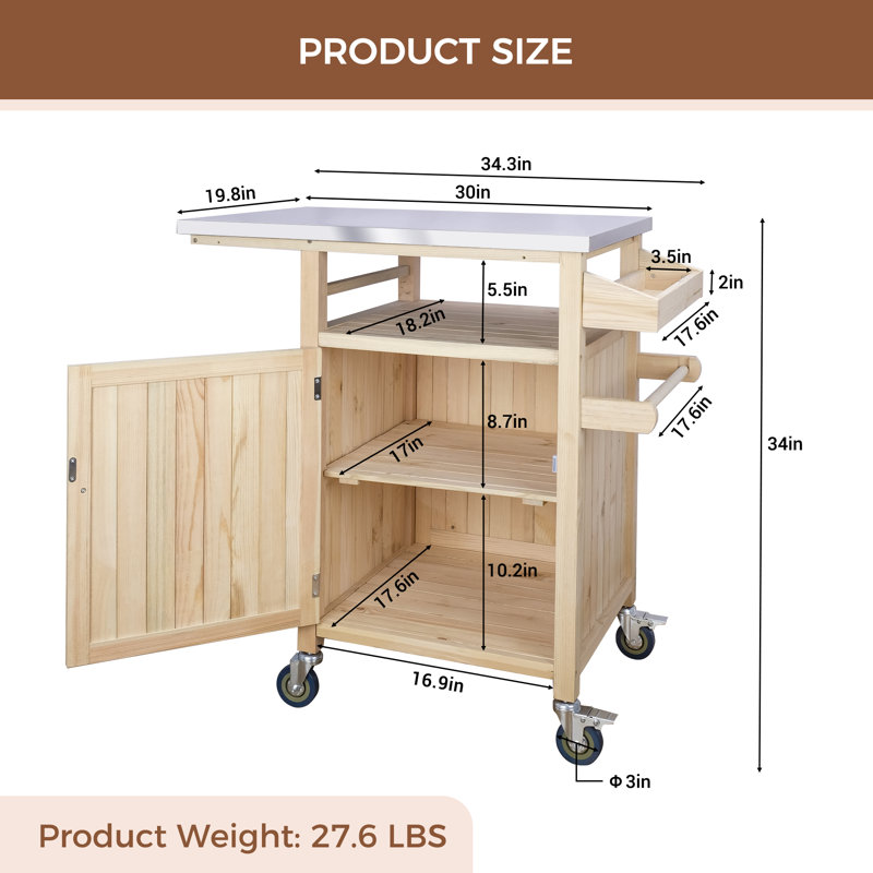 COOLBEBE Table de préparation extérieure pour chariot de barbecue avec plateau en acier inoxydable, table de barbecue en bois massif avec roulettes et tablette latérale (Burlywood)