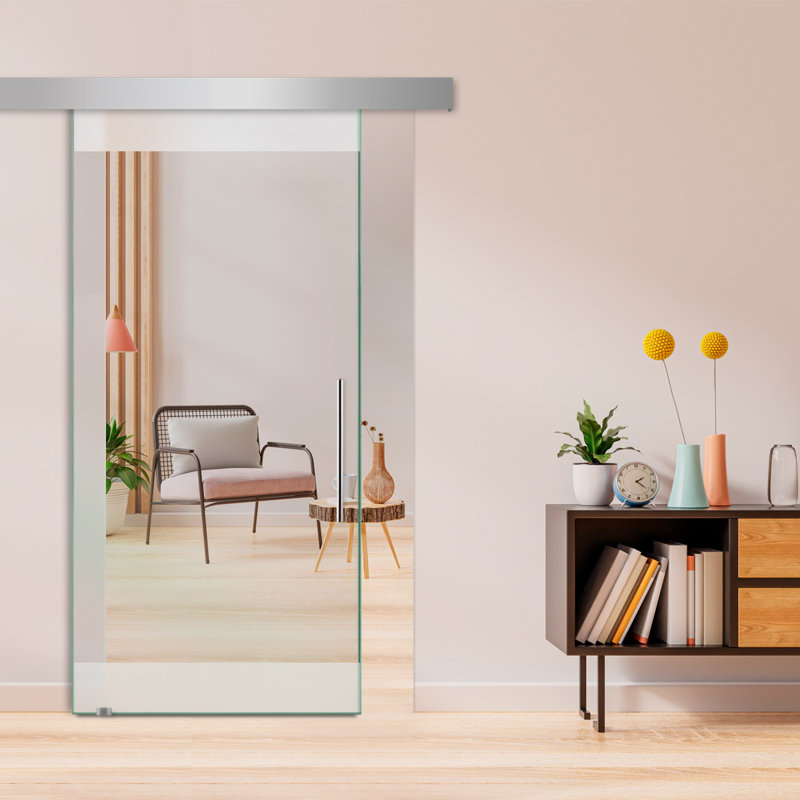 Porte de grange coulissante en verre sans cadre avec design moderne givré + ensemble de quincaillerie (non privé)