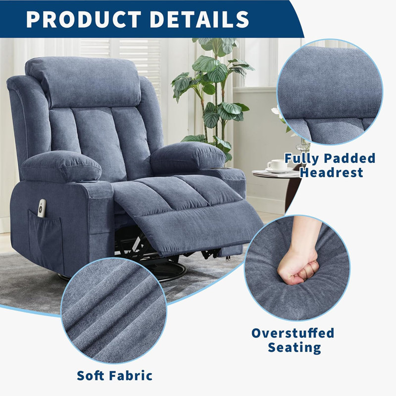 Fauteuil inclinable avec chaleur et massage, fauteuils inclinables surdimensionnés avec télécommande, Bleu
