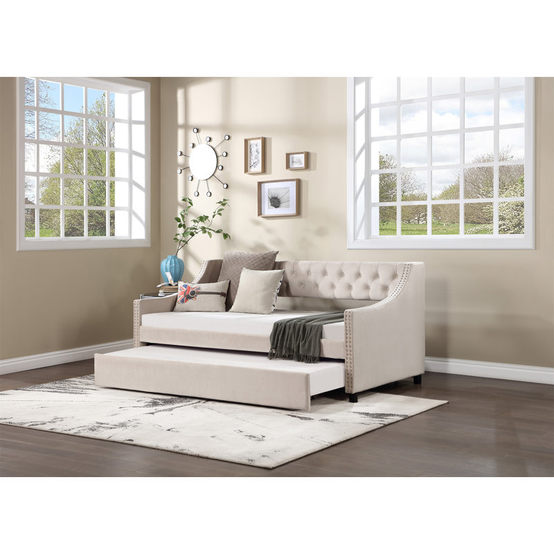 Lit de jour rembourré en tissu Darikson, Beige, Lit simple