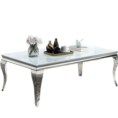 Glamorous White Glass Top Coffee Table With Silver Color Stainless Steel -style Legs Modern And Legs, Home Ornament