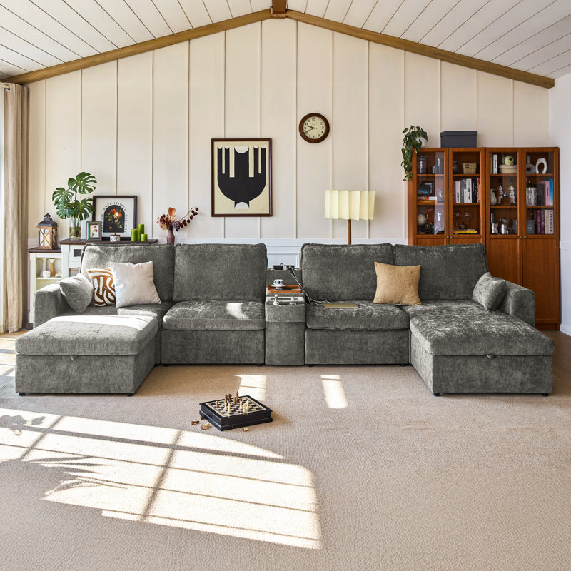 U-shaped 6-seater Sectional Couch Chenille Oversized Modular Sofa Cloud Couch With Versatile Console, Convertible Side Table Charging Storage Cup Holder
