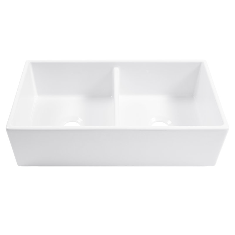 Évier de cuisine double cuve à tablier avant Austen 36 po en argile réfractaire blanche éclatante, Blanc éclatant