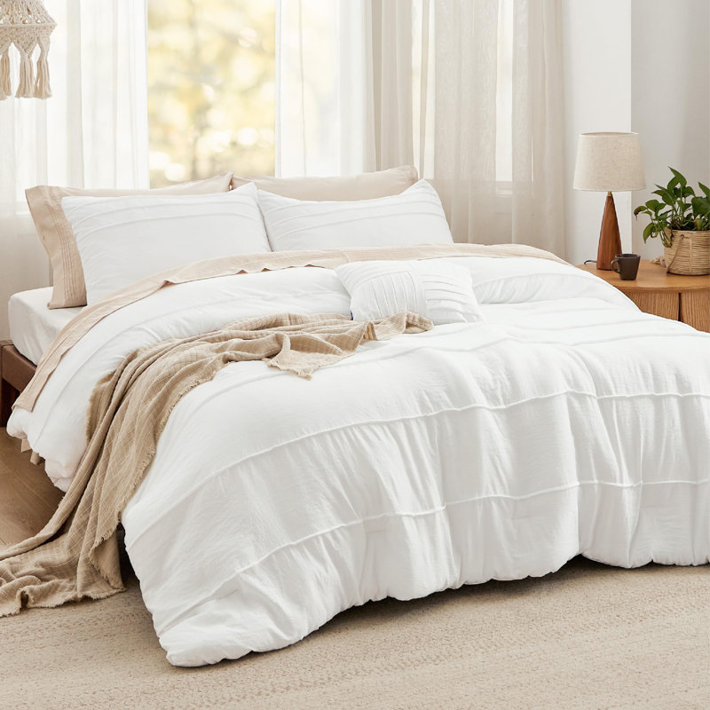 Bedsure Prewashed Microfiber Pinch Pleat Comforter Set, Queen Comforter + 3 Additional Pieces, White