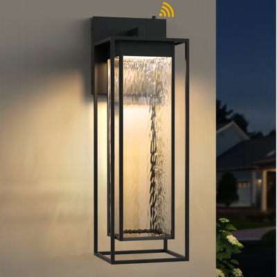 1 - Light 28''H Dimmable Led Black Iron and Water Ripple Glass Outdoor Wall Light with  Dusk to Dawn