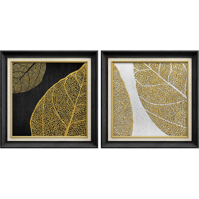 Golden Autumn Tree Leaf - Ensemble de 2 peintures sur toile encadrées, Noir