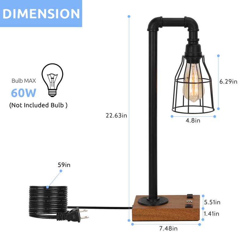 Lampe de table moderne avec station USB, lampe de chevet de ferme industrielle (sans ampoule)