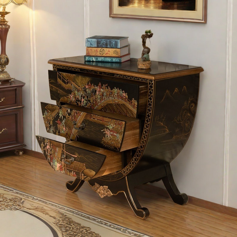 Commode décorative unique peinte à la main, Noir et or