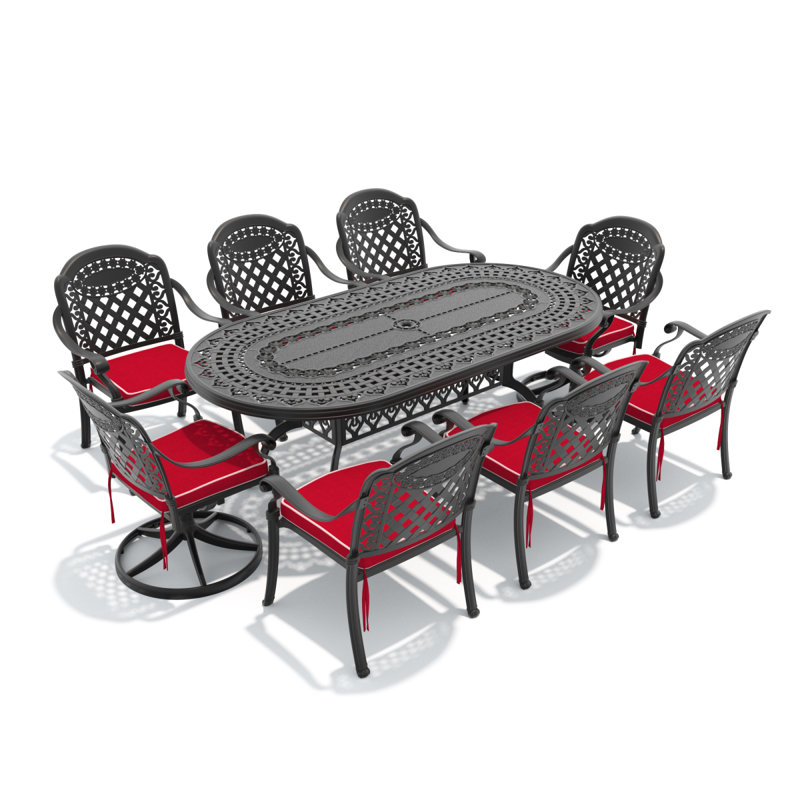 Ensemble de salle à manger 9 pièces en fonte d'aluminium toutes saisons comprenant 2 chaises pivotantes, 6 chaises et une table ovale avec cadre noir