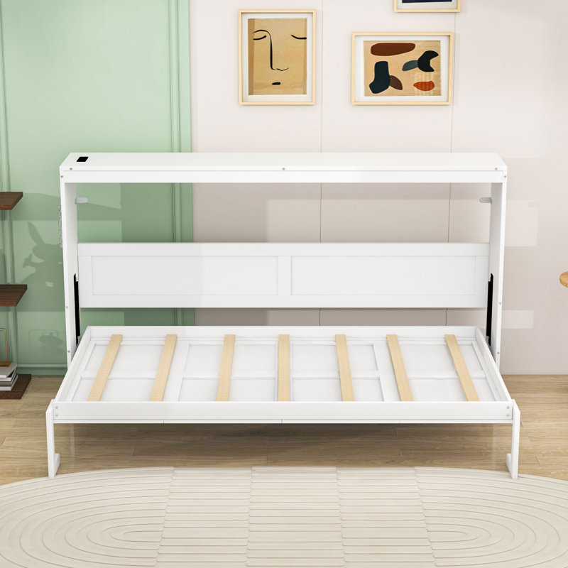 Lit escamotable avec éclairage DEL sous le lit et prise USB intégrée, Lit simple, Blanc