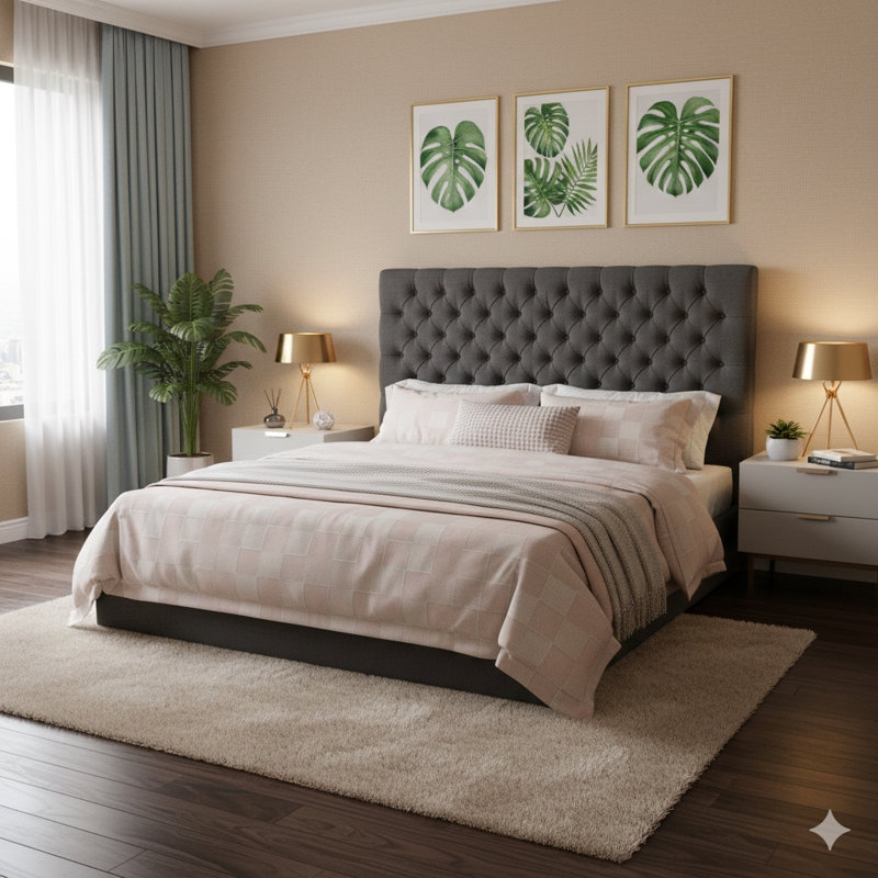 Queen-Sized Padded Headboard With Contemporary Button-Tufted Detailing, Adjustable Solid Wood Construction, Supported By Durable Metal Legs For Bedroom Use.