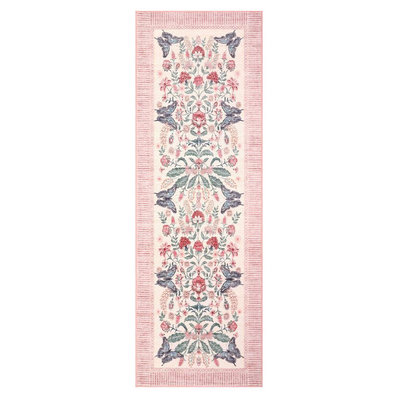 Garden-Inspired Butterfly Washable Area Rug, Stain Resistant Soft Floor Cover for Living Room Bedroom Dining Room, Pink