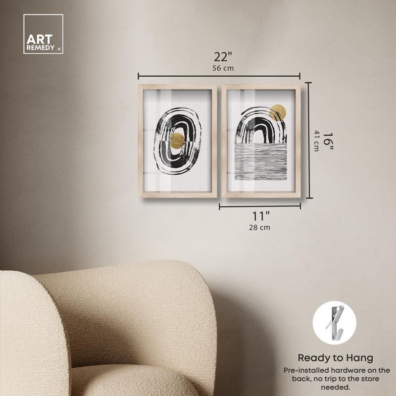 Ensemble d'art moderne pour salon « Motion in Gold » avec impression sous cadre-vitrine, par Art Remedy, cadre noir, 10 x 15