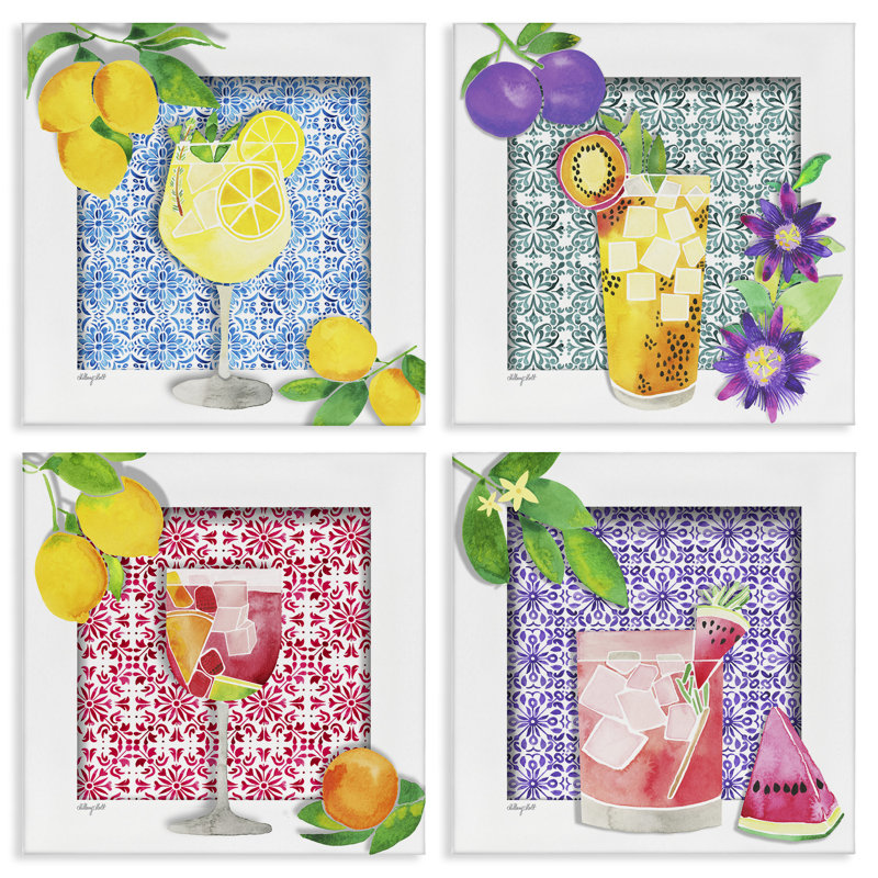 Ensemble de 4 toiles de fruits aux motifs vifs, design par Hillary Holt