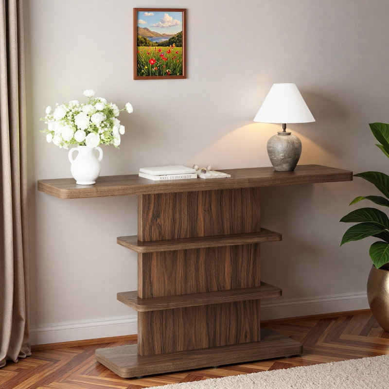 Console 63 po vintage avec tablettes de rangement ouvertes à 2 niveaux et grand plateau de table, Walnut Brown