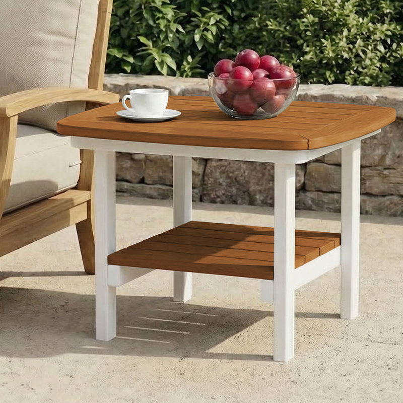 Table d'appoint carrée 21 po, blanc, Plateau en teck clair / base blanche