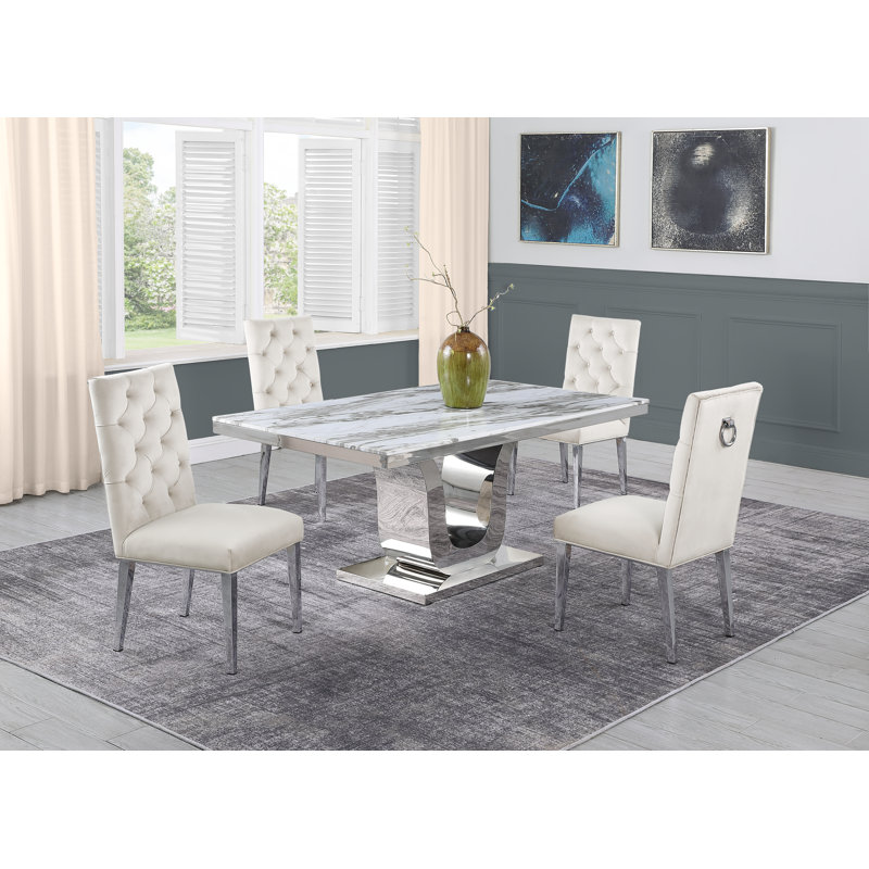 Mcnamara Pedestal Dining Set, White/Silver, 5, Cream/Silver