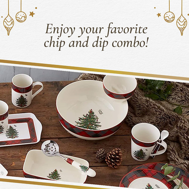 Spode Christmas Tree Tartan 2Pc Tiered Chip&Dip 10"