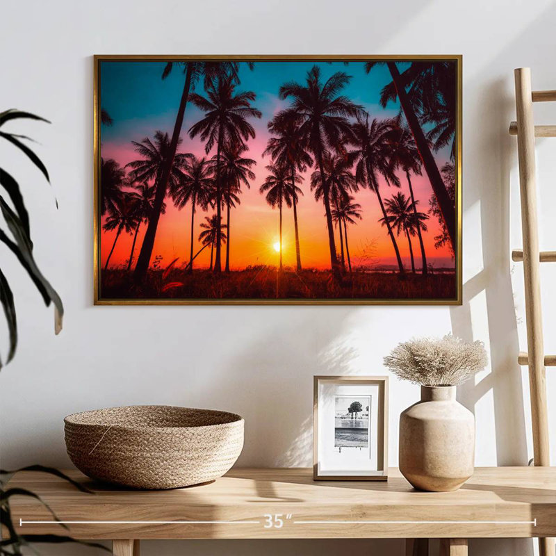 Silhouette coucher de soleil tropical, Cadre flottant doré, 25 po x 17 po