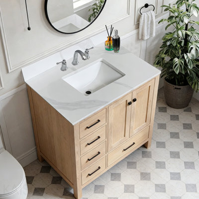 Bathroom Storage - 37-inch Quartz Bathroom Vanity Top, 3/4" Thick with Undermount Single Bowl Middle Sink, 4 Inch High Backsplash, 1 Pre-Drilled Faucet Hole, Stain & Heat Resistant, Carrara White Quartz with Veins