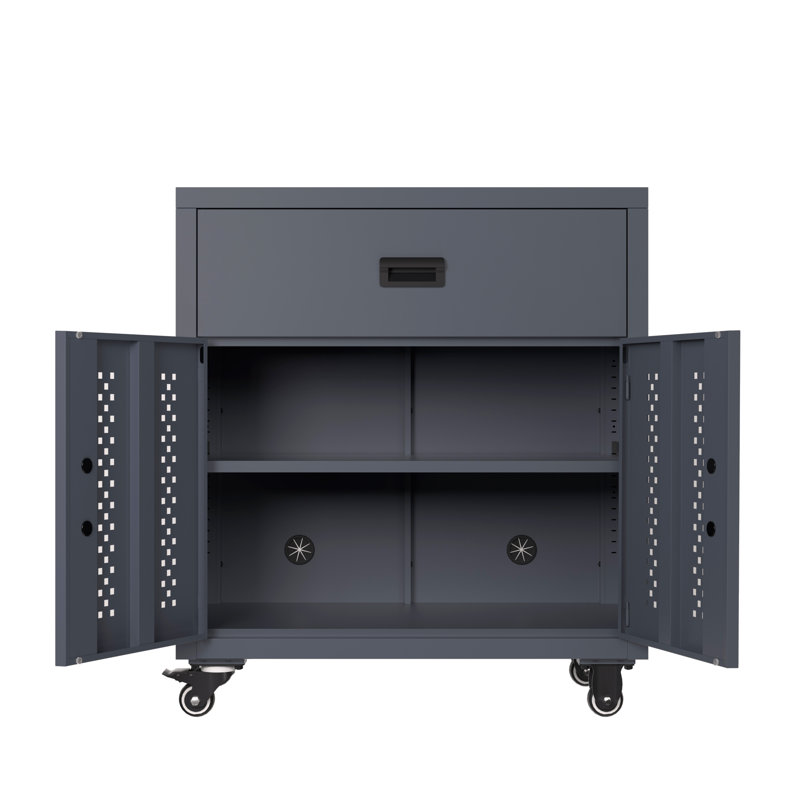Steel Garage Storage Cabinet with Lockable Door and Wheels, 31.49-Inch Adjustable Shelves