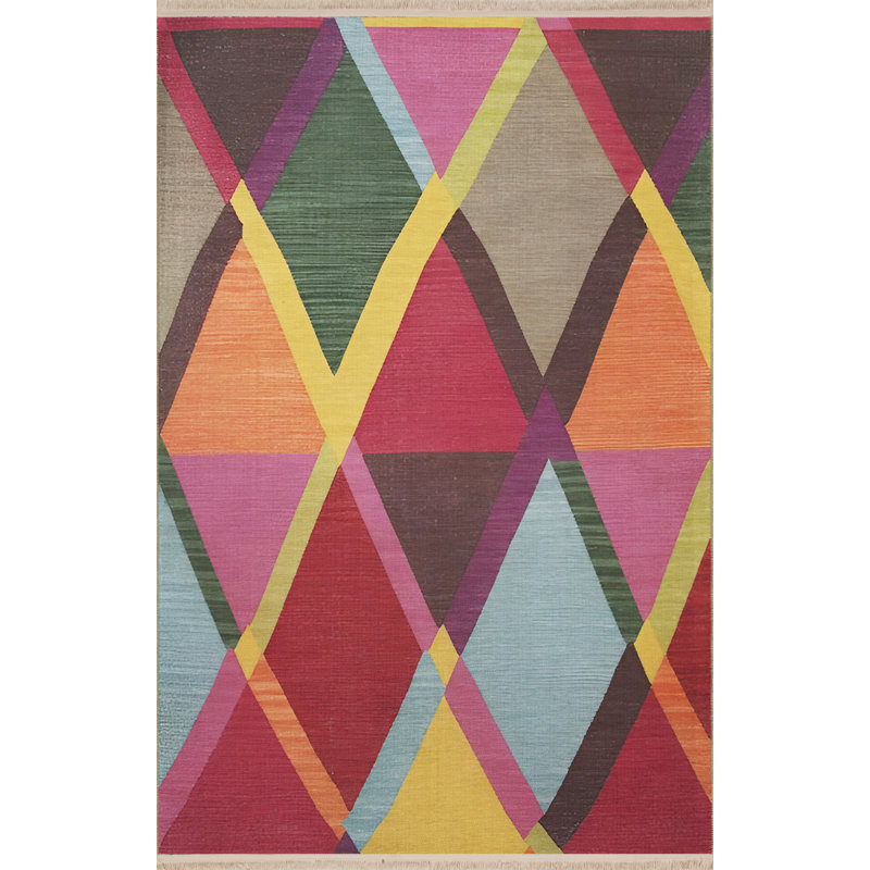 Tapis décoratif multicolore à motif géométrique triangulaire, Rectangle 4 pi 11,06 po x 9 pi 10,11 po