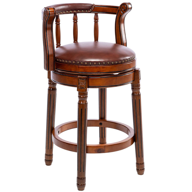 Sturdivant Genuine Leather Swivel Wooden, Bar Stool (29" Seat Height), Brown Leather/ Brown Frame
