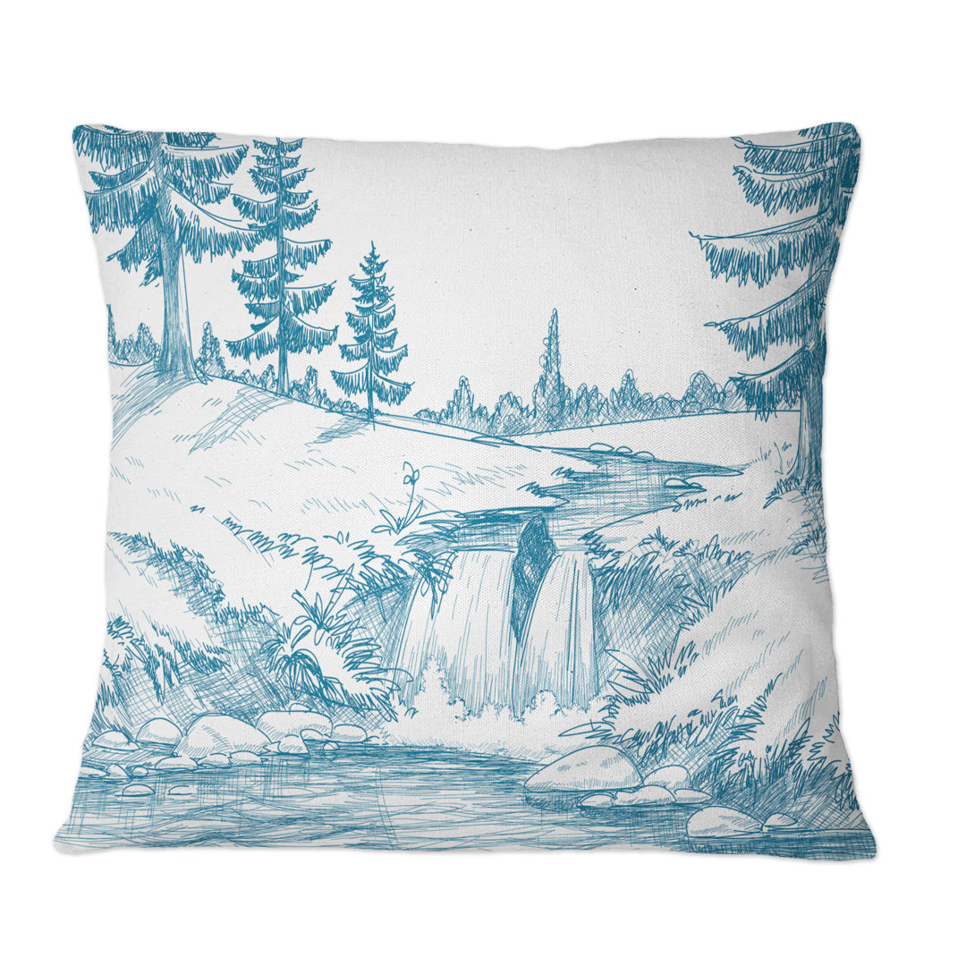 Light Blue Mountain River On White - Country Printed Throw Pillow Design Art 