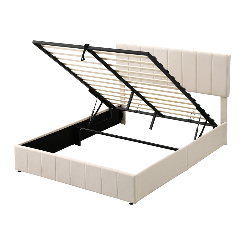 Upholstered Platform bed with a Hydraulic Storage System, Beige, Queen