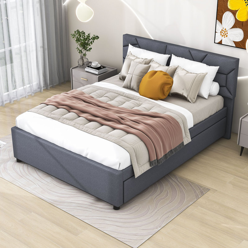 Ellionna Upholstered Platform Bed with Trundle and Headboard, Gray, Queen