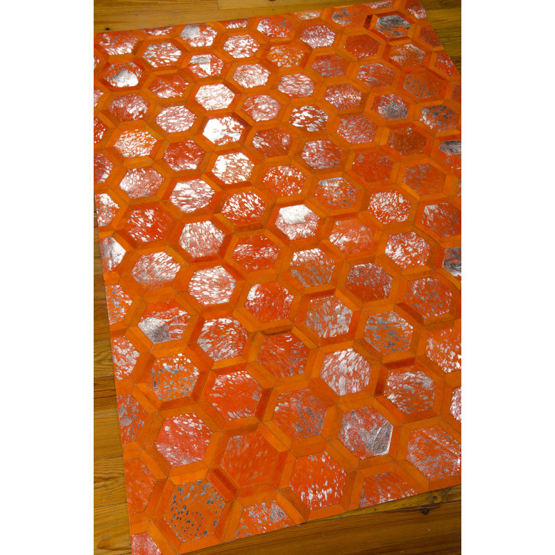 Handmade Tangerine Geometric Cowhide 8' x 10' Area Rug