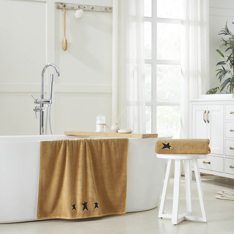 Timeless Linens Prim Stars Bath Towel Set of 2 27x54, Black/Tan