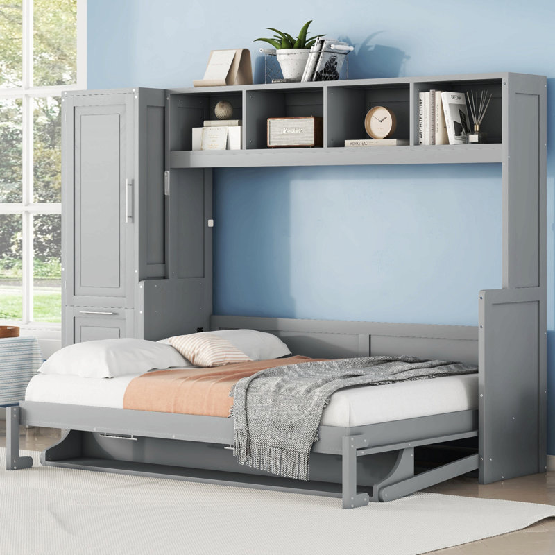 Lit escamotable Murphy avec placard et tiroirs, Gris, Lit double