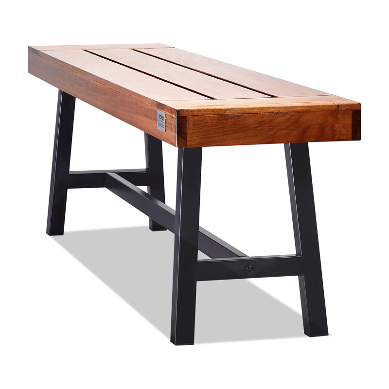 63-Inch Brown Wood and Black Metal Outdoor Bench