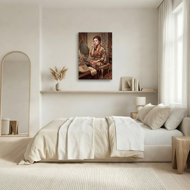Femme à la robe de chambre à motif, peinture à l'huile sur toile, 48"H x 32"W