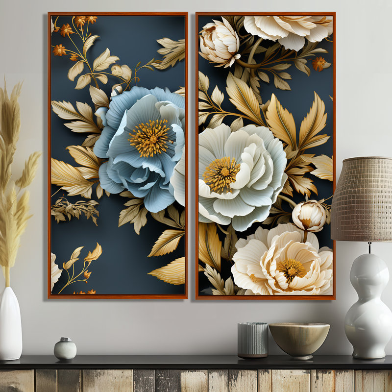 «Blue Timeless Floral Elegance Wonderland», reproduction d'art moderne sur toile 2 pièces, H 20 po x l 24 po, Brun
