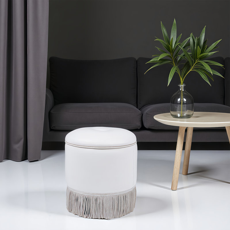 Fully Assembled Round Faux Leather Ottoman with Tassel Fringe, White PU Faux Leather