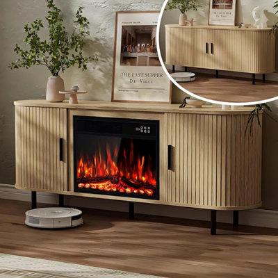 65" Modern Fluted Fireplace TV Stand for TVs up to 75", Mid-Century Entertainment Center with Sliding Doors and Adjustable Shelves