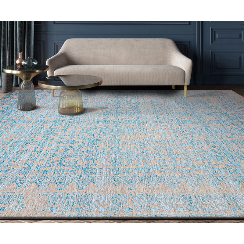 Hand-Knotted High-Quality Silver and Aqua Area Rug
