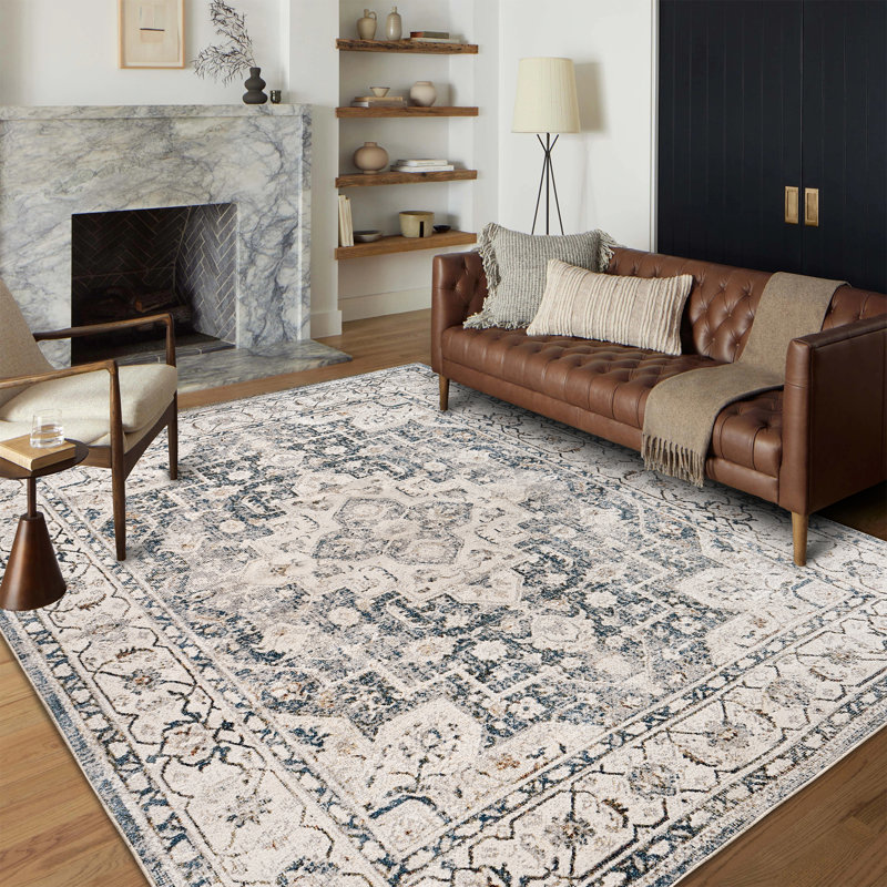 Floral Border Foldable Washable Area Rug –Light Blue, Rectangle 6' x 9'