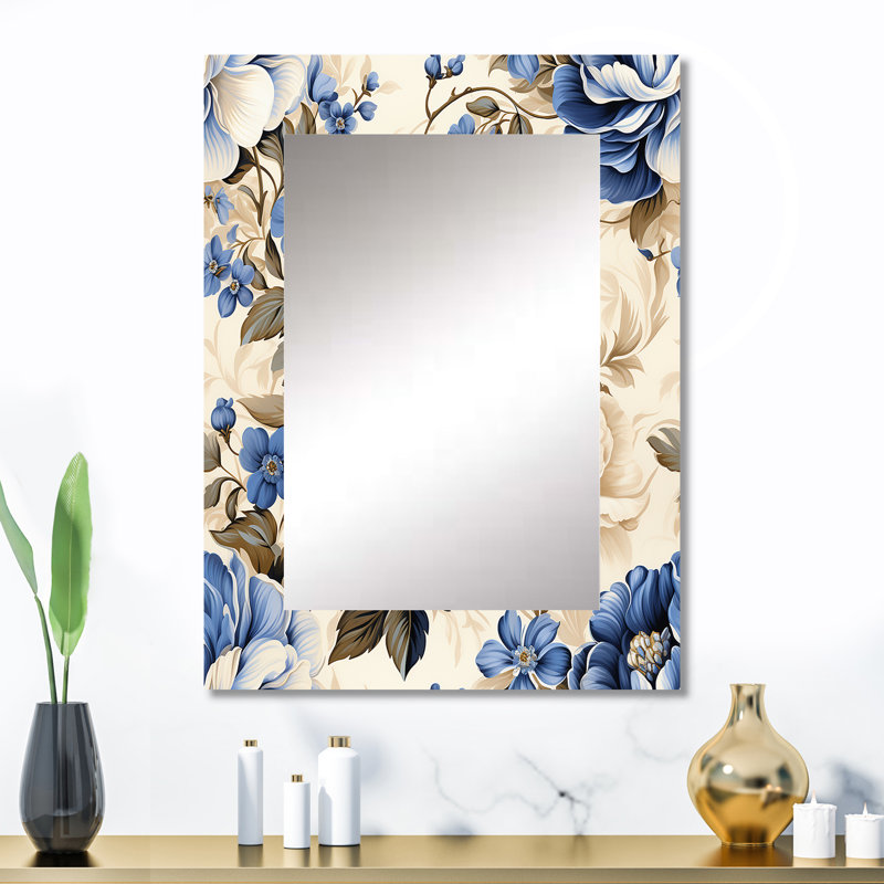 Motif victorien de treillis Cameo bleu Unia - grand miroir floral, chalet, décor de miroir mural traditionnel unique, art imprimé en métal
