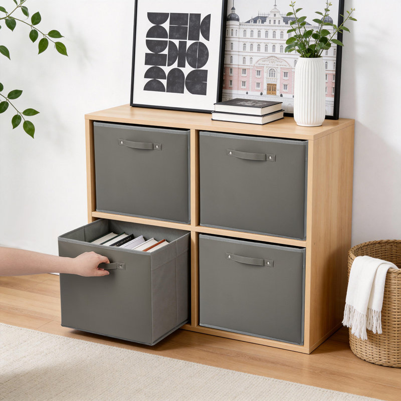 6PCS Gray 13 Inch Fabric Storage Bins with Faux Leather Handles, Foldable Cube Organizer Baskets for Shelves and Closet Collapsible Storage Boxes for Clothes Toys