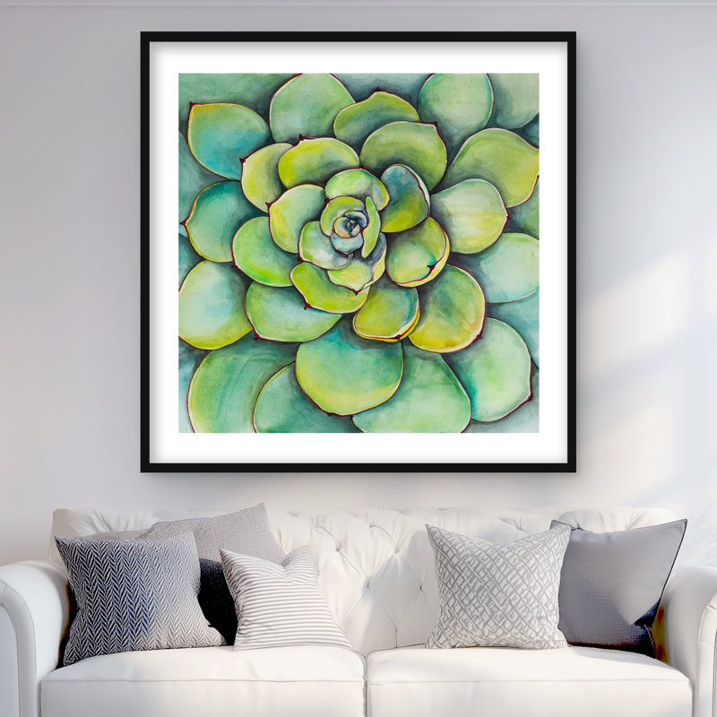 «Watercolor Succulent Plant - Green Leaves», reproduction d'art encadrée